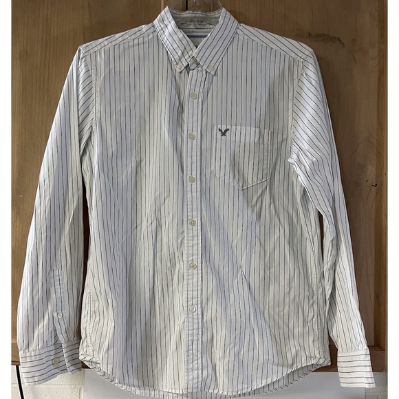 American Eagle Button Down LS‎ Casual Shirt Mens L White Cotton Blue Striped - Picture 1 of 7
